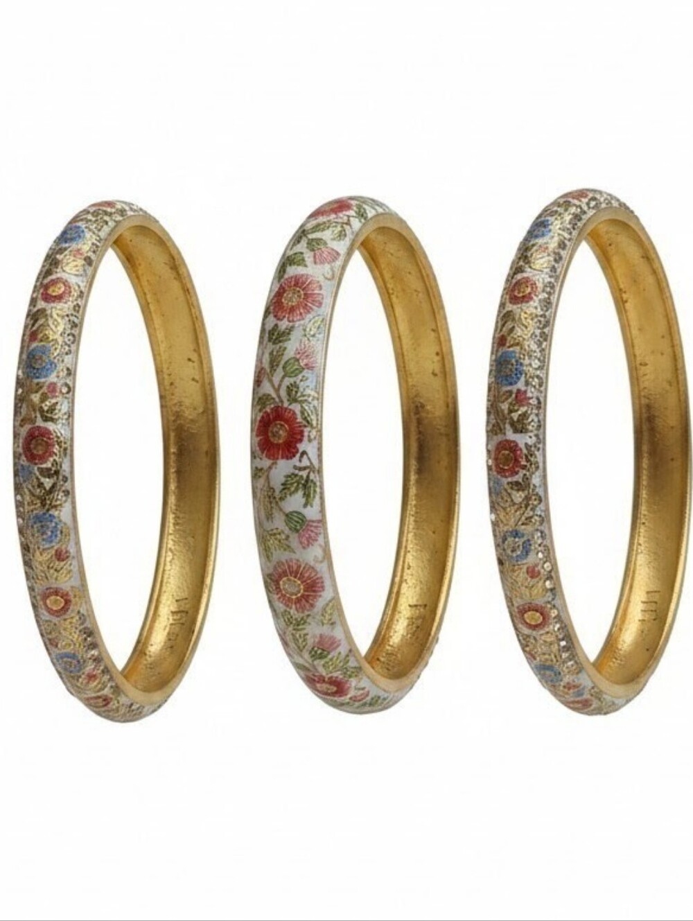 Sassified NWT Hand-Painted Floral Gold-Tone Bangle Setof 3  White, Red & Blue